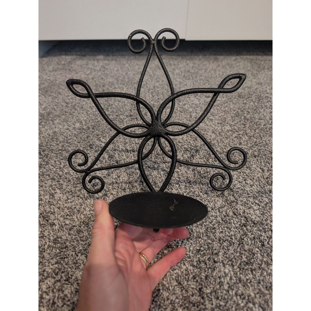 Pair Black Wrought Iron Star Wall Candle Sconces Scroll Pillar Candle Holders